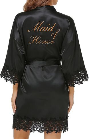 Womens Lace Trim Satin Kimono Robe One Size Bridal Bathrobe with Embroidery Bride Wedding Party Sleepwear in Saudi Arabia