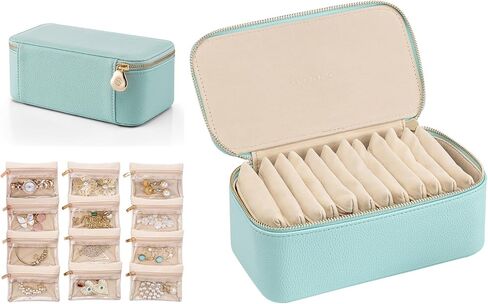 VLANDO Travel Jewelry Box Organizer – Portable PU Leather Jewelry Case with 6/8/12 Zippered Pouches, Compact Storage for Earrings Rings Necklaces Bracelets, Offwhite in Kuwait