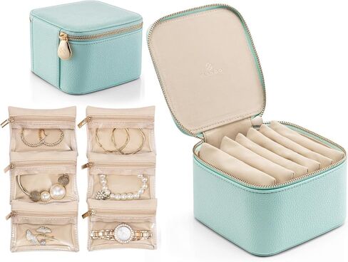VLANDO Travel Jewelry Box Organizer – Portable PU Leather Jewelry Case with 6/8/12 Zippered Pouches, Compact Storage for Earrings Rings Necklaces Bracelets, Offwhite in Kuwait