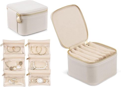 VLANDO Travel Jewelry Box Organizer – Portable PU Leather Jewelry Case with 6/8/12 Zippered Pouches, Compact Storage for Earrings Rings Necklaces Bracelets, Offwhite in Kuwait
