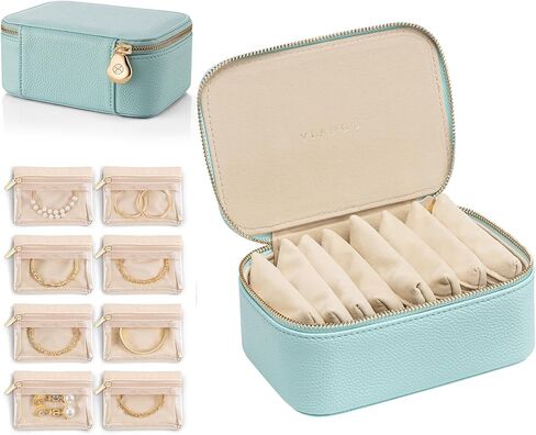 VLANDO Travel Jewelry Box Organizer – Portable PU Leather Jewelry Case with 6/8/12 Zippered Pouches, Compact Storage for Earrings Rings Necklaces Bracelets, Offwhite in Kuwait
