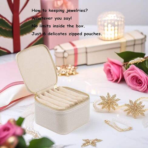 VLANDO Travel Jewelry Box Organizer – Portable PU Leather Jewelry Case with 6/8/12 Zippered Pouches, Compact Storage for Earrings Rings Necklaces Bracelets, Offwhite in Kuwait