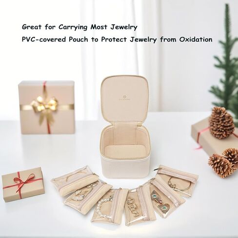 VLANDO Travel Jewelry Box Organizer – Portable PU Leather Jewelry Case with 6/8/12 Zippered Pouches, Compact Storage for Earrings Rings Necklaces Bracelets, Offwhite in Kuwait