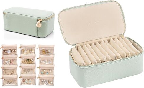 VLANDO Travel Jewelry Box Organizer – Portable PU Leather Jewelry Case with 6/8/12 Zippered Pouches, Compact Storage for Earrings Rings Necklaces Bracelets, Offwhite in Kuwait