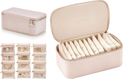 VLANDO Travel Jewelry Box Organizer – Portable PU Leather Jewelry Case with 6/8/12 Zippered Pouches, Compact Storage for Earrings Rings Necklaces Bracelets, Offwhite in Kuwait
