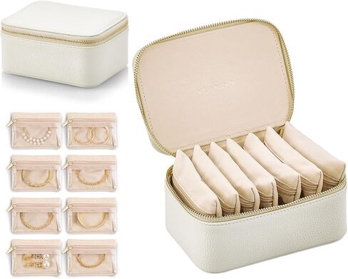 VLANDO Travel Jewelry Box Organizer – Portable PU Leather Jewelry Case with 6/8/12 Zippered Pouches, Compact Storage for Earrings Rings Necklaces Bracelets, Offwhite in Kuwait
