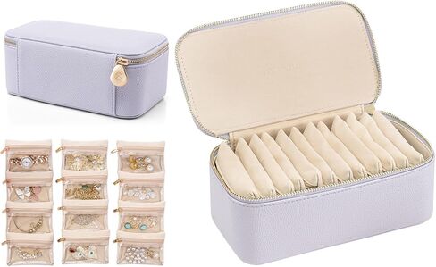 VLANDO Travel Jewelry Box Organizer – Portable PU Leather Jewelry Case with 6/8/12 Zippered Pouches, Compact Storage for Earrings Rings Necklaces Bracelets, Offwhite in Kuwait