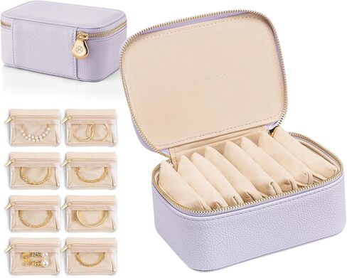 VLANDO Travel Jewelry Box Organizer – Portable PU Leather Jewelry Case with 6/8/12 Zippered Pouches, Compact Storage for Earrings Rings Necklaces Bracelets, Offwhite in Kuwait