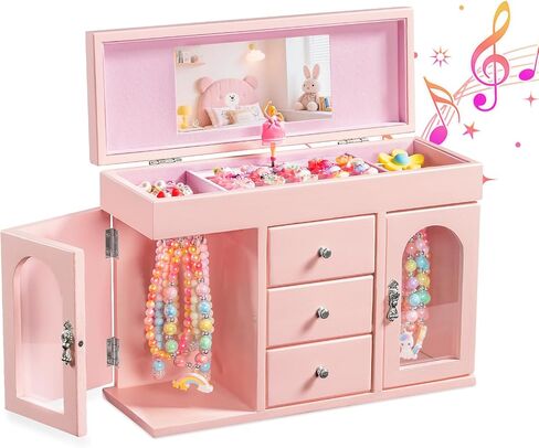 Musical Jewelry Box for Girls, Large Wooden Kids Jewelry Organizer with Spinning Ballerina & Mirror, 5-Layer Storage with Drawers & Side Doors, Pink Jewelry Box for Girls Birthday Christmas & gifts in Saudi Arabia