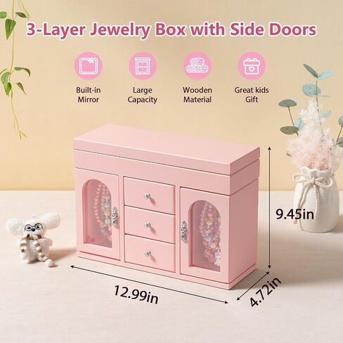 Musical Jewelry Box for Girls, Large Wooden Kids Jewelry Organizer with Spinning Ballerina & Mirror, 5-Layer Storage with Drawers & Side Doors, Pink Jewelry Box for Girls Birthday Christmas & gifts in Saudi Arabia