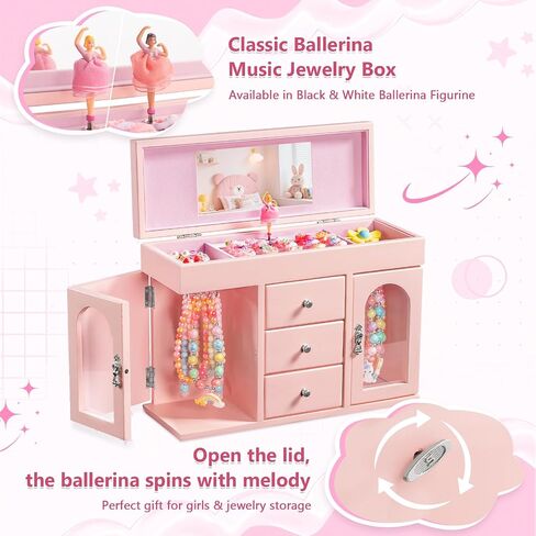 Musical Jewelry Box for Girls, Large Wooden Kids Jewelry Organizer with Spinning Ballerina & Mirror, 5-Layer Storage with Drawers & Side Doors, Pink Jewelry Box for Girls Birthday Christmas & gifts in Saudi Arabia