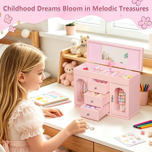 Musical Jewelry Box for Girls, Large Wooden Kids Jewelry Organizer with Spinning Ballerina & Mirror, 5-Layer Storage with Drawers & Side Doors, Pink Jewelry Box for Girls Birthday Christmas & gifts in Saudi Arabia
