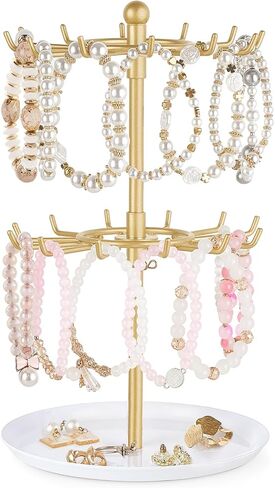 Mkono Bracelet Holder Gold Metal Rotating Bracelet Display Stand 2 Tier Jewelry Organizer with 24 Hooks and Wood Tray Adjustable Tree Stand Tower Rack for Storage Selling KeyChain Bangle Accessories in Kuwait