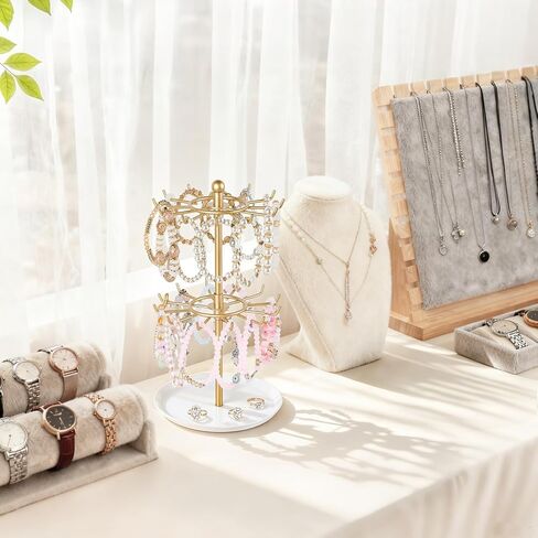 Mkono Bracelet Holder Gold Metal Rotating Bracelet Display Stand 2 Tier Jewelry Organizer with 24 Hooks and Wood Tray Adjustable Tree Stand Tower Rack for Storage Selling KeyChain Bangle Accessories in Kuwait
