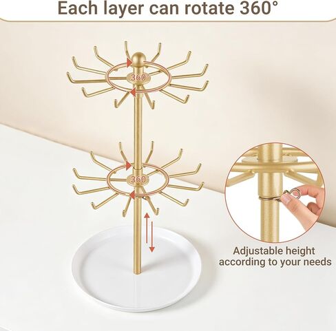 Mkono Bracelet Holder Gold Metal Rotating Bracelet Display Stand 2 Tier Jewelry Organizer with 24 Hooks and Wood Tray Adjustable Tree Stand Tower Rack for Storage Selling KeyChain Bangle Accessories in Kuwait