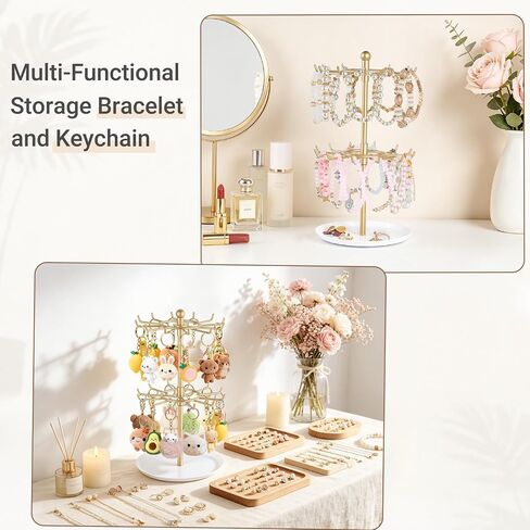 Mkono Bracelet Holder Gold Metal Rotating Bracelet Display Stand 2 Tier Jewelry Organizer with 24 Hooks and Wood Tray Adjustable Tree Stand Tower Rack for Storage Selling KeyChain Bangle Accessories in Kuwait