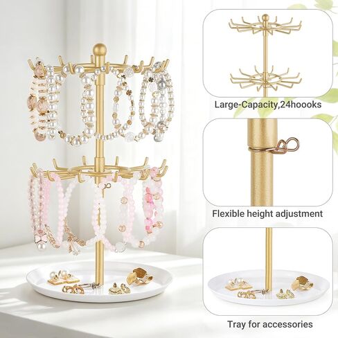 Mkono Bracelet Holder Gold Metal Rotating Bracelet Display Stand 2 Tier Jewelry Organizer with 24 Hooks and Wood Tray Adjustable Tree Stand Tower Rack for Storage Selling KeyChain Bangle Accessories in Kuwait