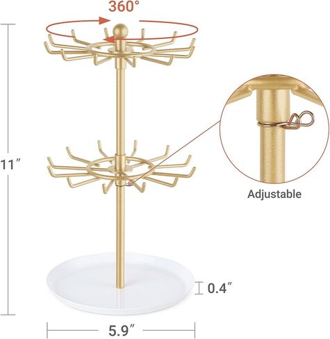 Mkono Bracelet Holder Gold Metal Rotating Bracelet Display Stand 2 Tier Jewelry Organizer with 24 Hooks and Wood Tray Adjustable Tree Stand Tower Rack for Storage Selling KeyChain Bangle Accessories in Kuwait