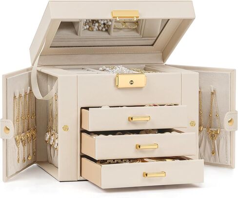 TORIBIO Jewelry Box for Women, Leather Jewelry Organizer with Mirror & Lock, 3-Tier Jewelry Storage Organizer with 2 Drawers for Girls/Women/Mothers, Necklace Earring Bracelets Holder Organizer in Saudi Arabia