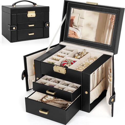 TORIBIO Jewelry Box for Women, Leather Jewelry Organizer with Mirror & Lock, 3-Tier Jewelry Storage Organizer with 2 Drawers for Girls/Women/Mothers, Necklace Earring Bracelets Holder Organizer in Saudi Arabia