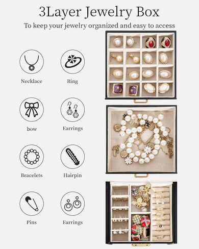 TORIBIO Jewelry Box for Women, Leather Jewelry Organizer with Mirror & Lock, 3-Tier Jewelry Storage Organizer with 2 Drawers for Girls/Women/Mothers, Necklace Earring Bracelets Holder Organizer in Saudi Arabia