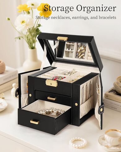 TORIBIO Jewelry Box for Women, Leather Jewelry Organizer with Mirror & Lock, 3-Tier Jewelry Storage Organizer with 2 Drawers for Girls/Women/Mothers, Necklace Earring Bracelets Holder Organizer in Saudi Arabia