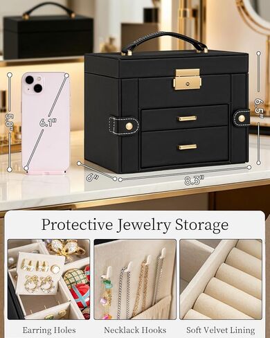 TORIBIO Jewelry Box for Women, Leather Jewelry Organizer with Mirror & Lock, 3-Tier Jewelry Storage Organizer with 2 Drawers for Girls/Women/Mothers, Necklace Earring Bracelets Holder Organizer in Saudi Arabia