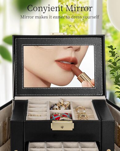 TORIBIO Jewelry Box for Women, Leather Jewelry Organizer with Mirror & Lock, 3-Tier Jewelry Storage Organizer with 2 Drawers for Girls/Women/Mothers, Necklace Earring Bracelets Holder Organizer in Saudi Arabia