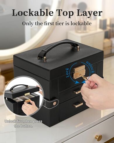 TORIBIO Jewelry Box for Women, Leather Jewelry Organizer with Mirror & Lock, 3-Tier Jewelry Storage Organizer with 2 Drawers for Girls/Women/Mothers, Necklace Earring Bracelets Holder Organizer in Saudi Arabia