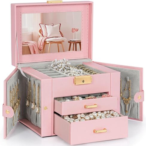 TORIBIO Jewelry Box for Women, Leather Jewelry Organizer with Mirror & Lock, 3-Tier Jewelry Storage Organizer with 2 Drawers for Girls/Women/Mothers, Necklace Earring Bracelets Holder Organizer in Saudi Arabia