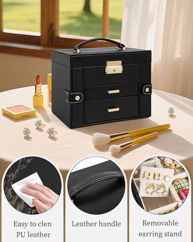 TORIBIO Jewelry Box for Women, Leather Jewelry Organizer with Mirror & Lock, 3-Tier Jewelry Storage Organizer with 2 Drawers for Girls/Women/Mothers, Necklace Earring Bracelets Holder Organizer in Saudi Arabia