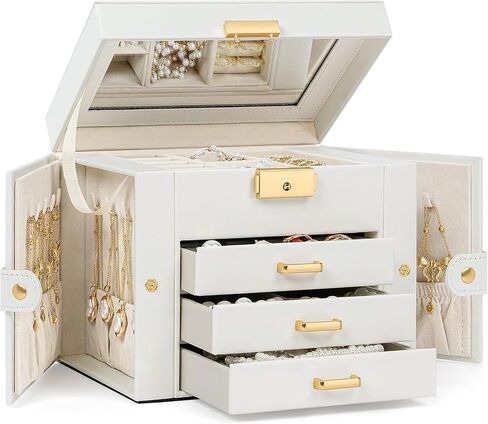 TORIBIO Jewelry Box for Women, Leather Jewelry Organizer with Mirror & Lock, 3-Tier Jewelry Storage Organizer with 2 Drawers for Girls/Women/Mothers, Necklace Earring Bracelets Holder Organizer in Saudi Arabia