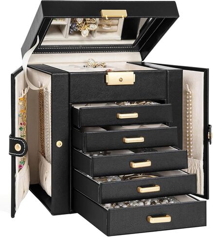 TORIBIO Jewelry Box for Women, Leather Jewelry Organizer with Mirror & Lock, 3-Tier Jewelry Storage Organizer with 2 Drawers for Girls/Women/Mothers, Necklace Earring Bracelets Holder Organizer in Saudi Arabia