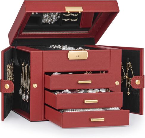 TORIBIO Jewelry Box for Women, Leather Jewelry Organizer with Mirror & Lock, 3-Tier Jewelry Storage Organizer with 2 Drawers for Girls/Women/Mothers, Necklace Earring Bracelets Holder Organizer in Saudi Arabia