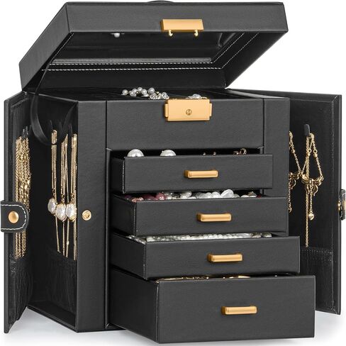 TORIBIO Jewelry Box for Women, Leather Jewelry Organizer with Mirror & Lock, 3-Tier Jewelry Storage Organizer with 2 Drawers for Girls/Women/Mothers, Necklace Earring Bracelets Holder Organizer in Saudi Arabia