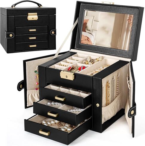 TORIBIO Jewelry Box for Women, Leather Jewelry Organizer with Mirror & Lock, 3-Tier Jewelry Storage Organizer with 2 Drawers for Girls/Women/Mothers, Necklace Earring Bracelets Holder Organizer in Saudi Arabia