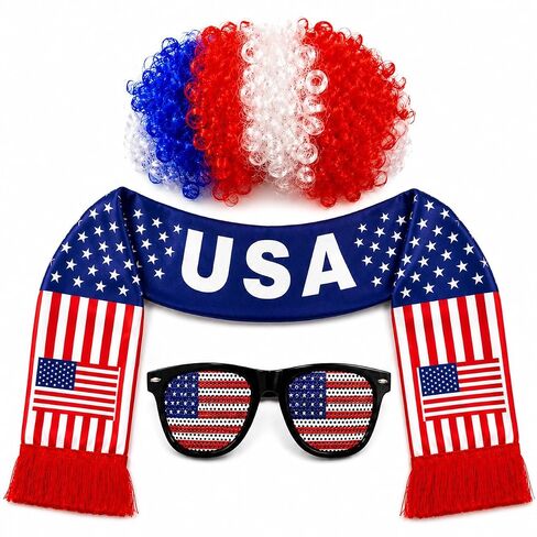 USA Wig Glasses and Scarf Set, Red White Blue Patriotic Costume Accessories for World Cup 2026 Soccer Fan Gear, 4th of July, Watch Party Tailgate in Saudi Arabia