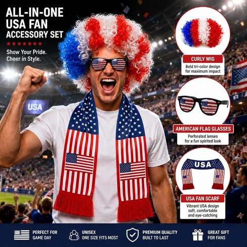 USA Wig Glasses and Scarf Set, Red White Blue Patriotic Costume Accessories for World Cup 2026 Soccer Fan Gear, 4th of July, Watch Party Tailgate in Saudi Arabia