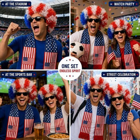 USA Wig Glasses and Scarf Set, Red White Blue Patriotic Costume Accessories for World Cup 2026 Soccer Fan Gear, 4th of July, Watch Party Tailgate in Saudi Arabia