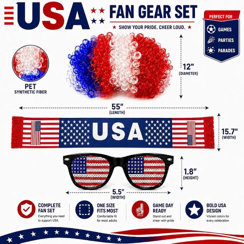 USA Wig Glasses and Scarf Set, Red White Blue Patriotic Costume Accessories for World Cup 2026 Soccer Fan Gear, 4th of July, Watch Party Tailgate in Saudi Arabia