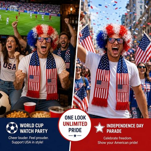 USA Wig Glasses and Scarf Set, Red White Blue Patriotic Costume Accessories for World Cup 2026 Soccer Fan Gear, 4th of July, Watch Party Tailgate in Saudi Arabia