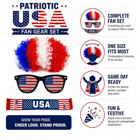 USA Wig Glasses and Scarf Set, Red White Blue Patriotic Costume Accessories for World Cup 2026 Soccer Fan Gear, 4th of July, Watch Party Tailgate in Saudi Arabia