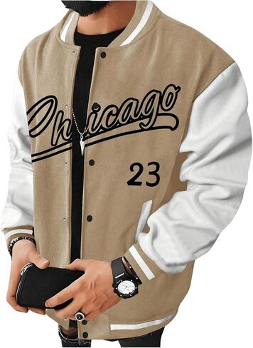 Men's Letter Print Varsity Jacket Slogan Graphic Button Up Coat Bomber Baseball Coat in Kuwait