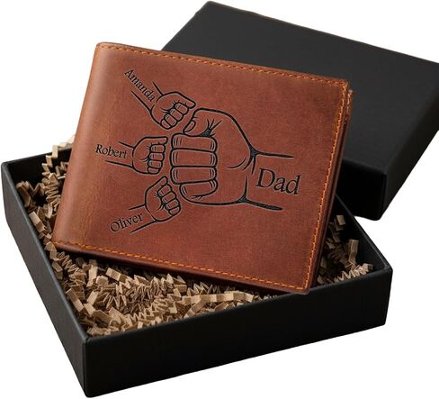 Personalized Leather Wallet for Dad with Kids Names, Fist Bump Fathers Day Gift for Dad, Grandpa, Papa, Custom Engraved Wallet Gift for Daddy, Bonus Dad, Stepdad, Uncle, Birthday, Christmas in Kuwait