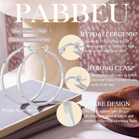 PABBEU 925 Sterling Silver Hoop Earrings Hypoallergenic Silver Hoop Earrings Lightweight Large Hoop Earrings for Women with 925 Sterling Silver Post 20/30/40/50/60/70mm in Saudi Arabia