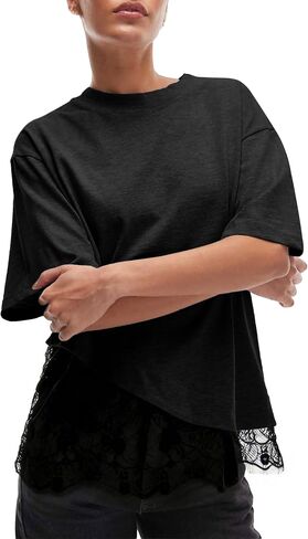 Women's Lace Patchwork Top Summer Daily Relaxed Fit Drop Shoulder Short Sleeve Blouse Casual Weekend T-Shirt in Saudi Arabia