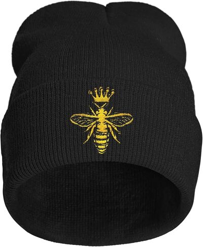 Queen Bee Honey Embroidery Beanie Hat for Men Women Winter Warm Stretch Skull Knit Hats Cap Black in Saudi Arabia