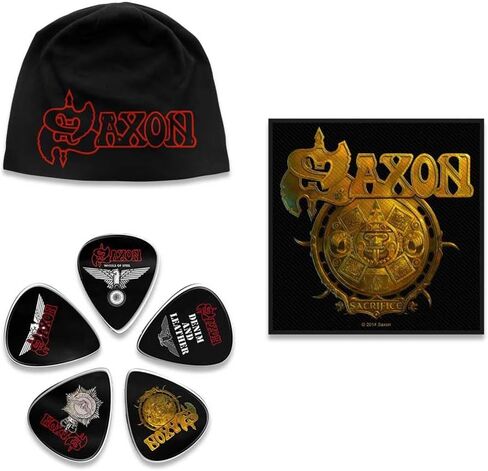 Saxon Officially Licensed Gift Set - 1 Jersey Beanie, 1 Standard Woven Patch, 1 Set of Five Guitar Picks Black in Kuwait