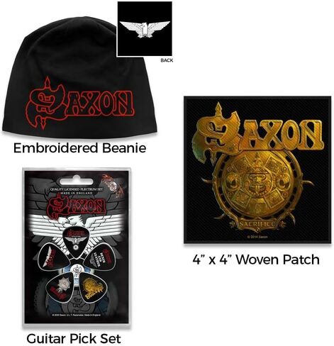 Saxon Officially Licensed Gift Set - 1 Jersey Beanie, 1 Standard Woven Patch, 1 Set of Five Guitar Picks Black in Kuwait