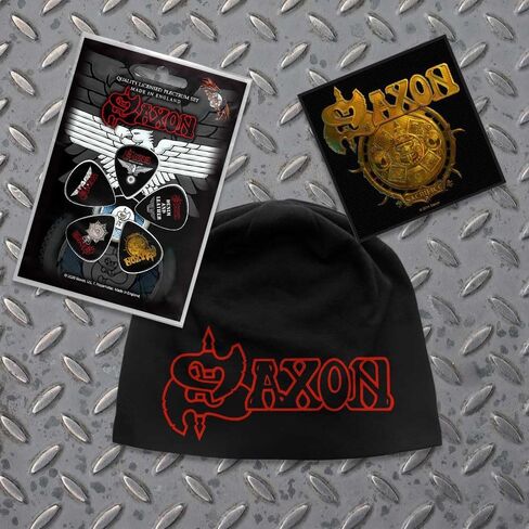Saxon Officially Licensed Gift Set - 1 Jersey Beanie, 1 Standard Woven Patch, 1 Set of Five Guitar Picks Black in Kuwait